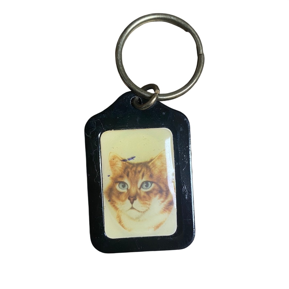 Vtg Orange Tabby Cat Portrait Keychain Black Plastic Fob Brass Ring Cat Lover